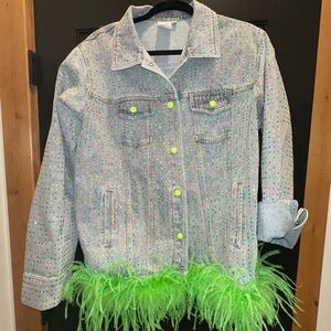 Queen of sparkles Colorful Denim Jacket with Green Feather Trim